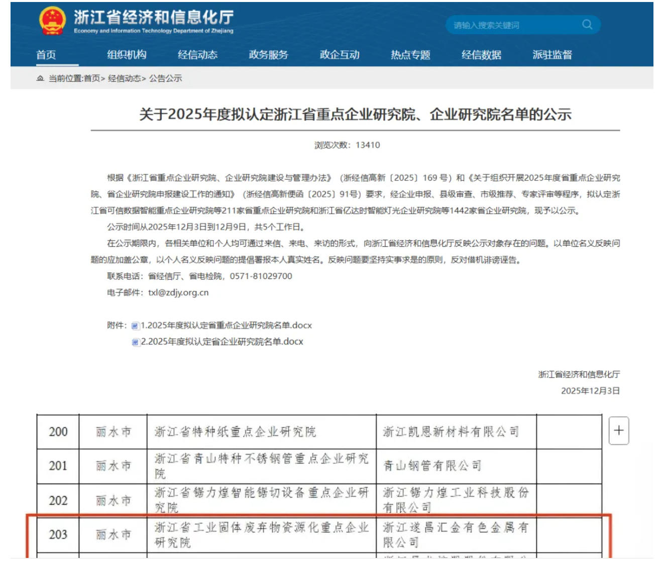 遂昌汇金入选浙江省2025年度省级重点企业研究院拟认定名单